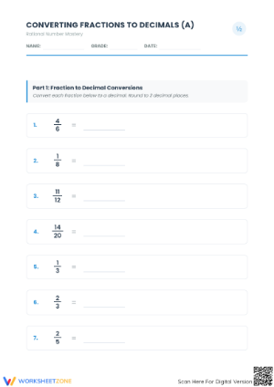 Essential Fractions to Decimals Practice Worksheet | Grade 7
