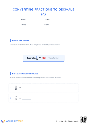 Essential Fraction to Decimal Conversion Worksheet | Grade 7