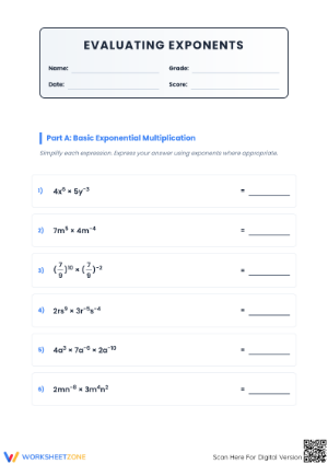 Printable Evaluating Exponents Multiplication | Grade 8