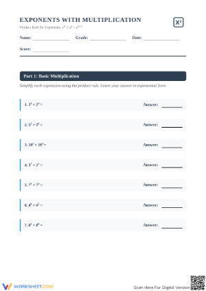 Essential Exponents Multiplication Worksheet | Grades 6-8