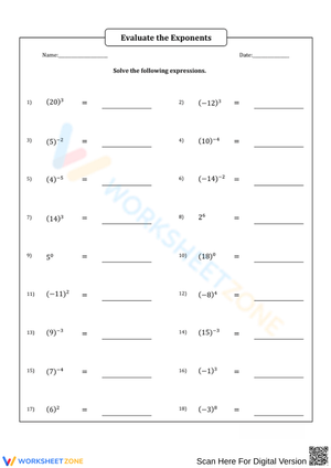Exponent Rules Worksheet with Positive and Negative Exponents