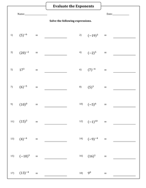 Evaluating Positive And Negative Exponents Practice