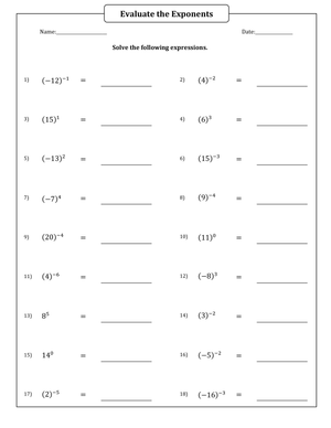 Evaluating Exponents Math Practice Worksheet