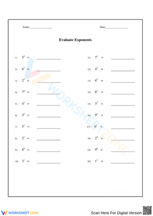 Evaluate Exponents Worksheet 
