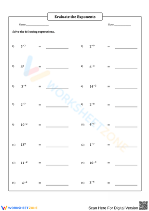 Negative and Zero Exponents Worksheet for Middle School Practice