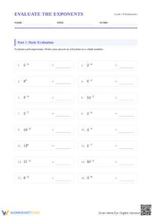 Printable Exponent Rules Worksheet: Negative & Zero Powers
