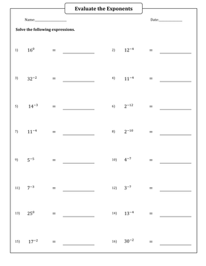 Evaluate Zero And Negative Exponents Worksheet