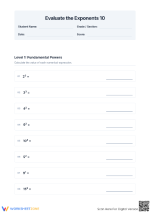 Printable Exponents Worksheet: Evaluate Powers | Grades 6-8