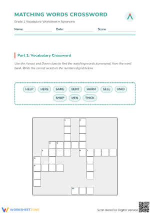 Synonyms Crossword Worksheet | Grade 1 ELA Printable