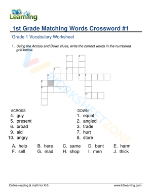 1st Grade Matching Words Crossword 1