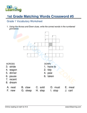 Grade 1 Synonyms Crossword — Printable Vocabulary Worksheet