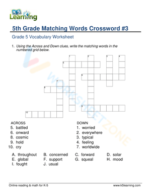 Grade 5 Synonym Crossword | Printable Vocabulary Worksheet