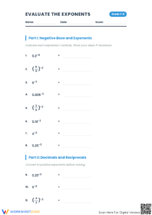 Essential Negative Exponents: Decimal & Fraction Worksheet