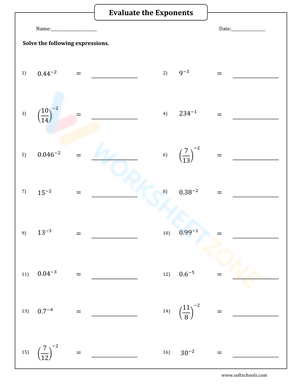 Evaluating Negative Exponents Math Worksheet