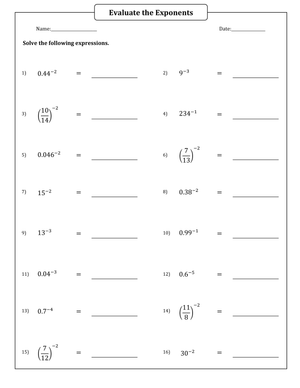 Evaluating Negative Exponents Math Worksheet