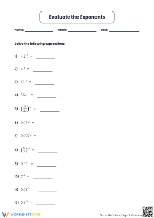 Printable Negative Exponents Worksheet | Grades 7-8 Math