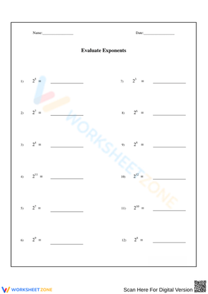 Exponents and Powers of Numbers Worksheet