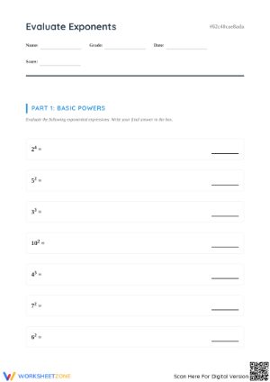 Evaluate Exponents Worksheet | Grade 6-8 Math Essential