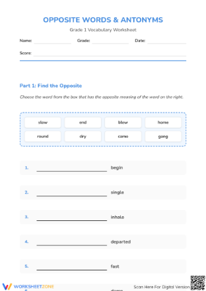 Printable Antonyms Worksheet | Grade 1 ELA