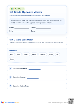 Grade 1 Opposite Words — Printable No-Prep Worksheet