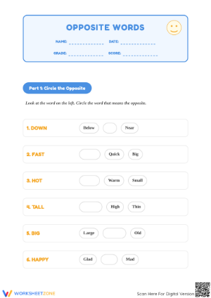 Printable Antonyms Worksheet | Grade 1 Opposite Words