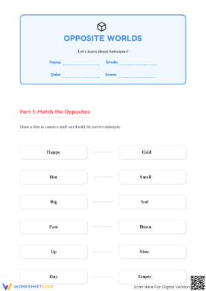 Grade 1 Antonyms — Printable No-Prep Worksheet