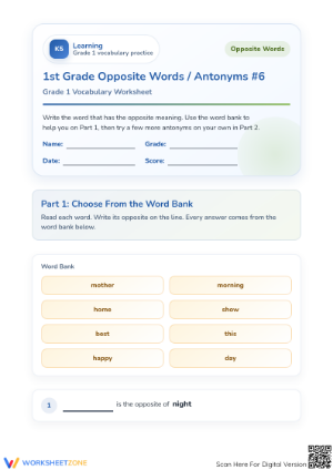 Printable Antonyms Worksheet | Grade 1 Opposite Words