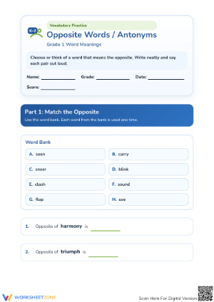 Grade 1 Antonyms & Opposites — Printable No-Prep Worksheet