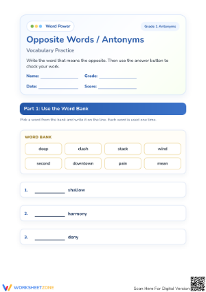 Essential Antonyms Worksheet | Grade 1 Opposite Words