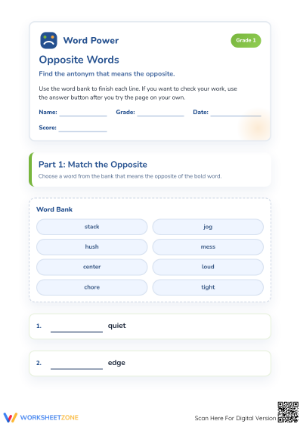 Printable Antonyms Worksheet | Grade 1 Opposite Words