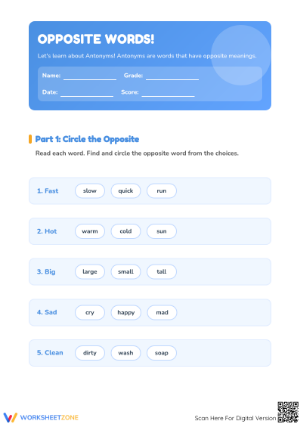 Printable Grade 1 Antonyms Worksheet | Essential Opposites