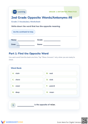Essential Antonyms Worksheet | Grade 1 Printable ELA