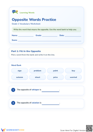 Printable Antonyms Worksheet | Grade 1 Opposite Words