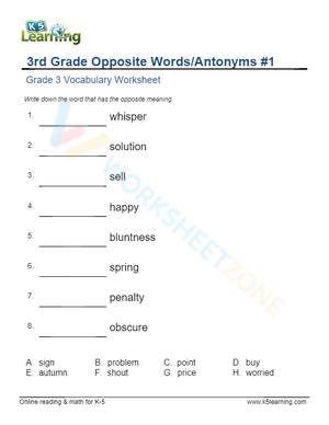 3rd Grade Opposite Words/Antonyms 1