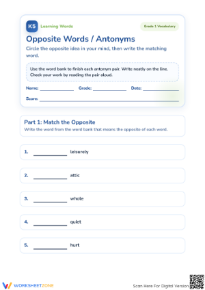 Antonyms Worksheet | Essential Grade 1 Vocabulary