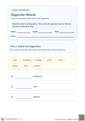 Printable Opposite Words Worksheet | Grade 1 ELA Essential