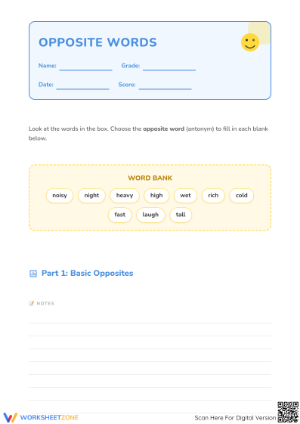Printable Antonyms Worksheet | Grade 1 Opposite Words