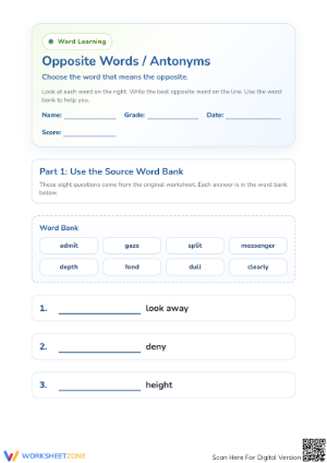 Printable Antonyms Worksheet | Grade 4 English