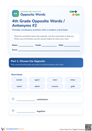 Printable 4th Grade Antonyms & Opposite Words Worksheet