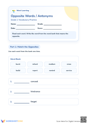 Printable Antonyms Worksheet | Grade 1 Vocabulary Practice