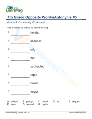 4th Grade Opposite Words/Antonyms 5