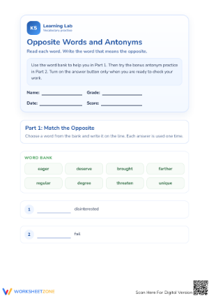 Printable Antonyms Worksheet | Grade 5 Opposite Words