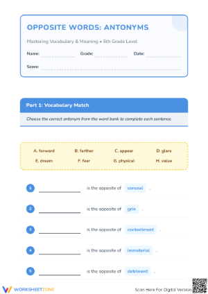 Printable Antonyms Worksheet | Grade 5 Opposite Words