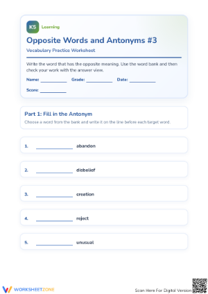 Printable Antonyms Worksheet | Grade 1 Opposite Words