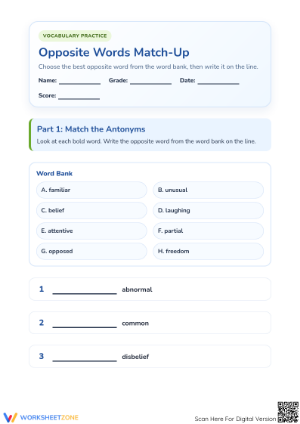 Printable Opposite Words Worksheet | Grade 1 ELA Ready