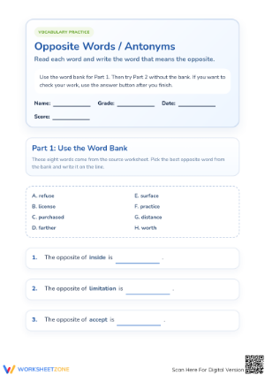 Printable Opposite Words Worksheet | Grade 1 Antonyms