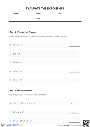 Evaluate Exponents Worksheet | Grade 8 Essential Practice