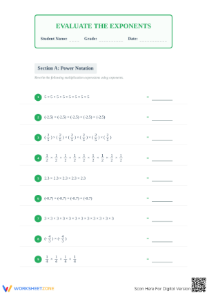Evaluate the Exponents Worksheet | Grade 6-8 Essential