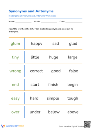 Grade 1 Synonyms & Antonyms — Printable No-Prep Worksheet