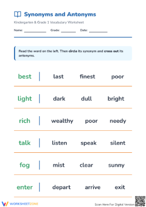 Grade 1 Synonyms and Antonyms — Printable No-Prep Worksheet